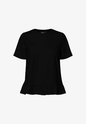 Zwarte blouse met korte mouwen, ronde halslijn en ruches aan de onderkant.