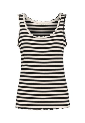 Sorte og hvide stribede tank top med ribbet tekstur, rund halsudskæring og bølgede kanter ved ærmerne og kanten.