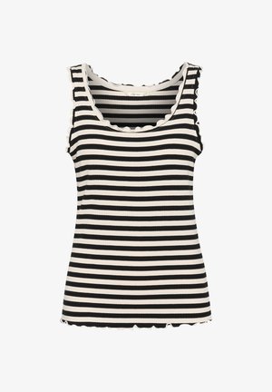 Musta-valkoinen raitainen hihaton paita, jossa on ribbikuvio, pyöreä pääntie ja aaltoilevat reunat hihoissa ja helmassa.