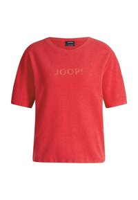 Czerwony krótki sweter z krótkim rękawem, okrągłym dekoltem i subtelnym wytłoczonym logo „JOOP!” na środku przodu.