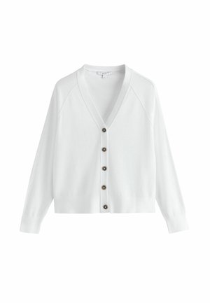 Weißer V-Ausschnitt-Strickjacke mit langen Ärmeln und fünf dunklen Knöpfen vorne, hergestellt aus leichtem Strickstoff.