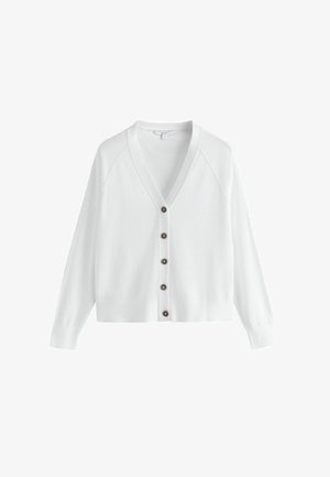 Valge V-kaelusega kardigan pika varruka ja viie tumeda nööbiga ees, valmistatud kerge kootud kangast.