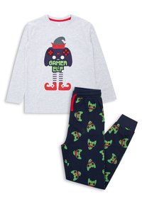 Gray long-sleeve shirt with “GAMER ELF” graphic in green, paired with navy pants featuring red and green gaming controller motifs.