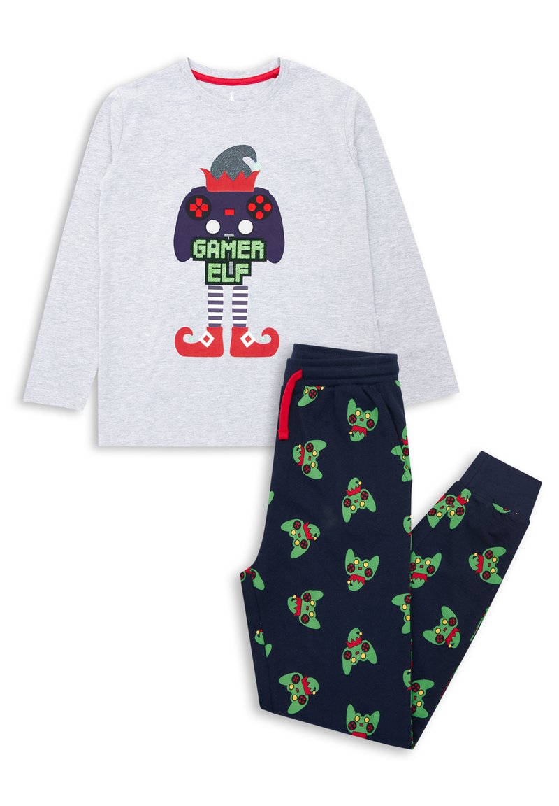 Gray long-sleeve shirt with “GAMER ELF” graphic in green, paired with navy pants featuring red and green gaming controller motifs.