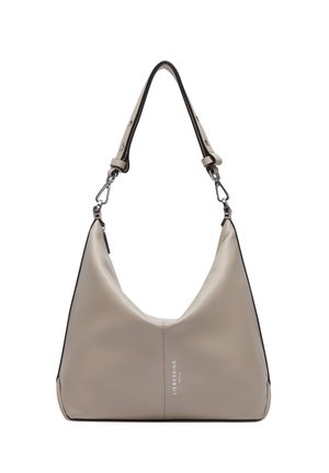 Beige Leder Hobo-Tasche mit glatter Textur, geschwungener Form und kontrastierendem schwarzem Besatz. Mit einem abnehmbaren Tragegurt und silbernen Hardware-Elementen.