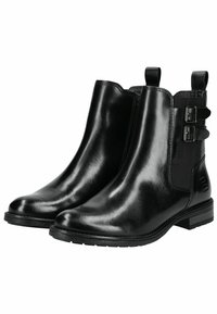 Botas de tobillo de cuero negro con un acabado brillante, paneles laterales elásticos, doble hebilla y suela de goma texturizada.