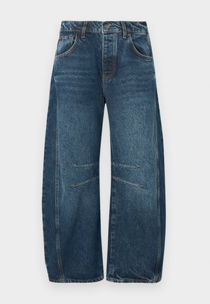 Τζιν παντελόνι με φαρδιά μπάτα σε σκούρο μπλε, με ξεθωριασμένη υφή, κουμπωτό κλείσιμο και δύο μπροστινές τσέπες με διακοσμητική ραφή.