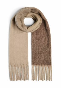Beige og brunt mønstret tørklæde lavet af blødt materiale, med et gradientdesign og frynsekanter.