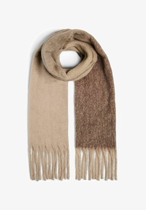 Beige and brown patterned scarf made of soft material, featuring a gradient design and fringed edges.