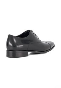 Black leather dress shoe with a smooth finish, rounded toe, lace-up design, and a low, square heel. No visible patterns or accents.