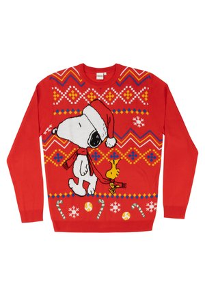 Maglione natalizio rosso con Snoopy che indossa un cappello e una sciarpa da Babbo Natale, tiene Woodstock, decorato con fiocchi di neve, bastoncini di zucchero e motivi geometrici.