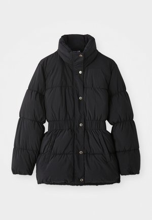 Black padded winter jacket with high collar, elastic waist, snap button closure, and side pockets.