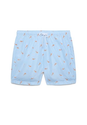 Pantaloncini da bagno azzurri con piccolo motivo di cavallucci marini arancioni e vita con coulisse bianca, mostrati distesi su sfondo bianco.