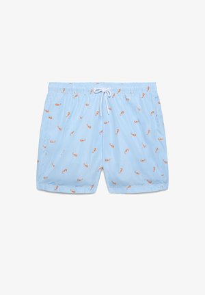 Pantaloncini da bagno azzurri con piccolo motivo di cavallucci marini arancioni e vita con coulisse bianca, mostrati distesi su sfondo bianco.