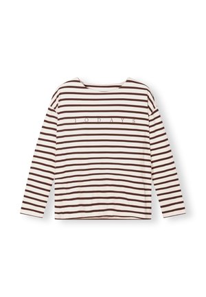 Lange mouwen gestreepte T-shirt in crème en bruin. Heeft een ronde halslijn en de tekst "10DAYS" gedrukt op de borst. Zachte stoftextuur.