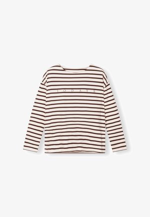 Lange mouwen gestreepte T-shirt in crème en bruin. Heeft een ronde halslijn en de tekst "10DAYS" gedrukt op de borst. Zachte stoftextuur.