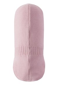 Cappello rosa lavorato a maglia con una parte superiore arrotondata, caratterizzato da un motivo a punto texture e una banda a coste nella parte inferiore. Materiale morbido con una finitura liscia.