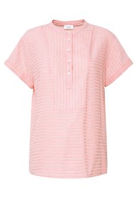 Camicia a maniche corte a righe rosa con scollo rotondo, patta con bottoni e taschino sul davanti, realizzata in tessuto leggero.