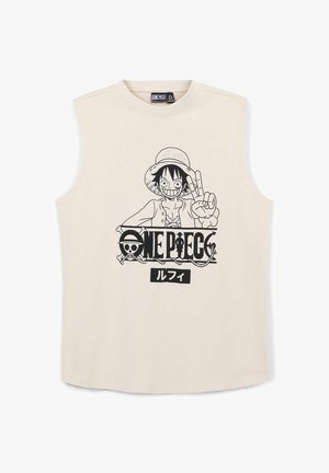 Top in cotone senza maniche di colore beige con una stampa grafica nera di un personaggio che fa il segno della pace, accompagnato dal testo e dai dettagli del logo "ONE PIECE".