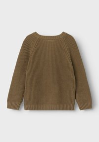 Brauner, gestrickter Pullover mit einem strukturierten, gerippten Design. Verfügt über einen Rundhalsausschnitt und lange Ärmel, mit einem leicht lockeren Schnitt.