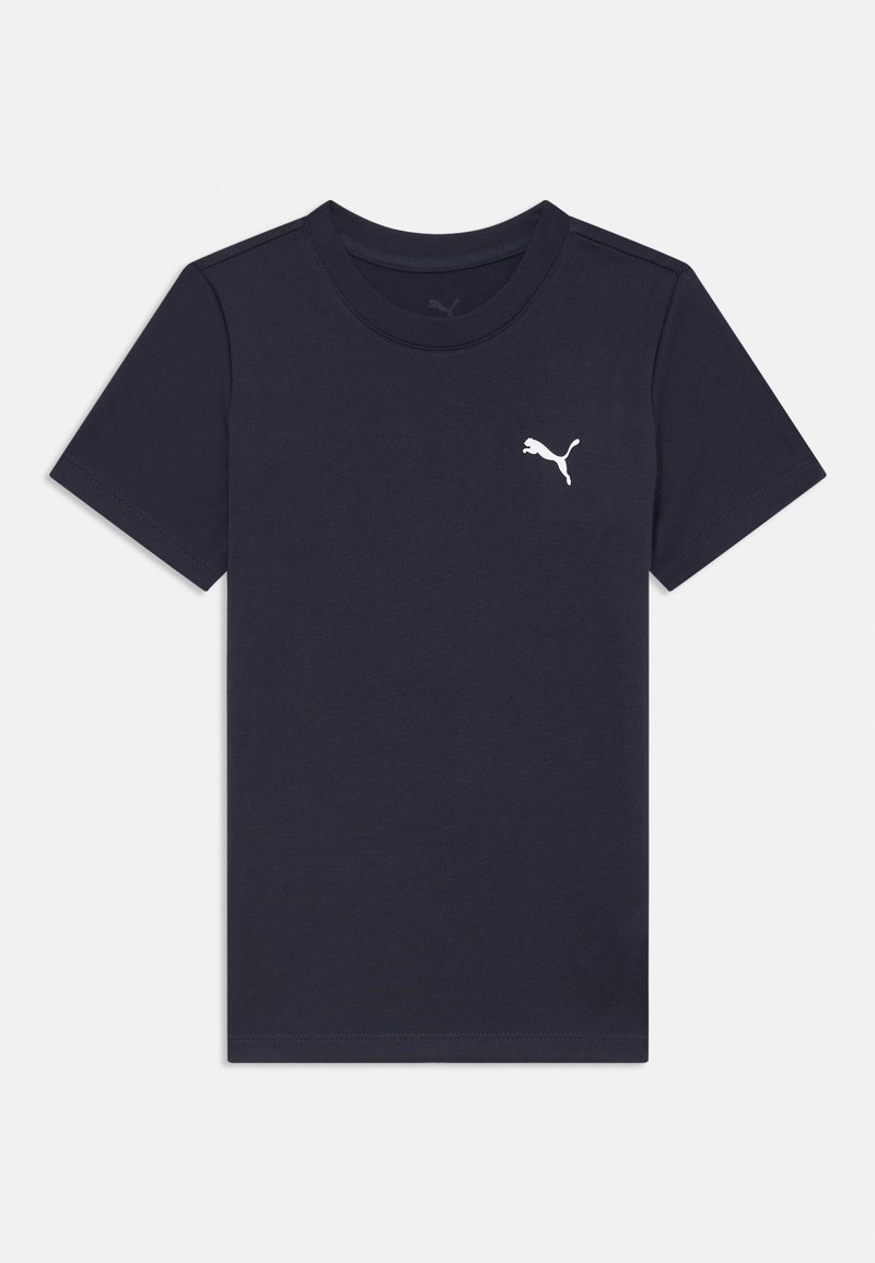 Camiseta de algodón azul marino con cuello redondo, mangas cortas y un pequeño logo blanco de PUMA en el lado izquierdo del pecho. Textura suave, sin patrones.
