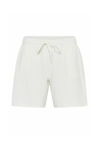 White, ribbed fabric shorts with an elastic waistband and drawstring tie. Features a relaxed fit with side pockets.