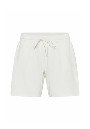 White, ribbed fabric shorts with an elastic waistband and drawstring tie. Features a relaxed fit with side pockets.