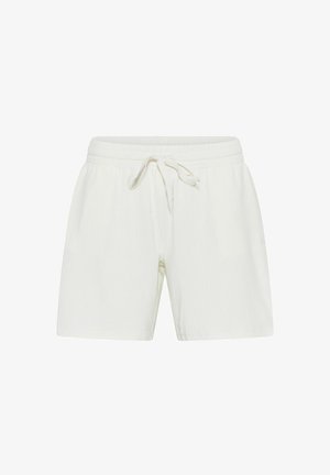 Bílé, žebrované šortky z látky s elastickým pasem a šňůrkou na stažení. Mají uvolněný střih a boční kapsy.