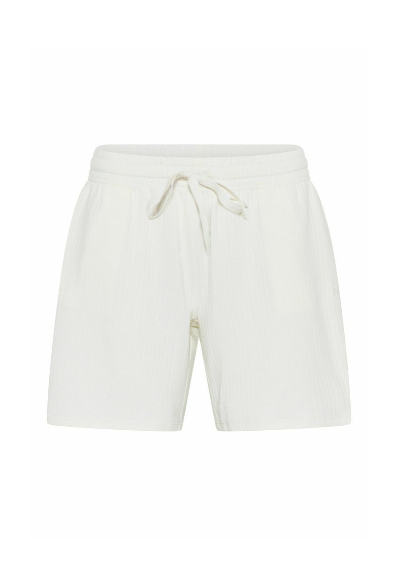 White, ribbed fabric shorts with an elastic waistband and drawstring tie. Features a relaxed fit with side pockets.