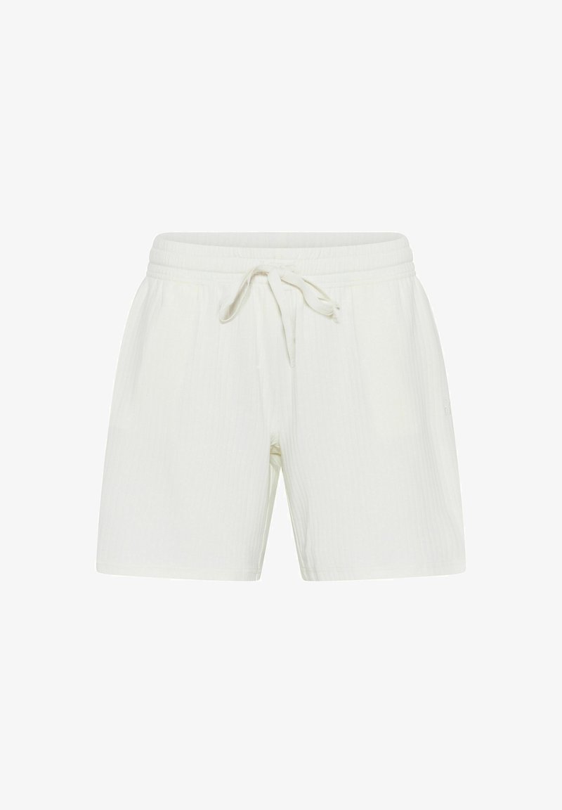 White, ribbed fabric shorts with an elastic waistband and drawstring tie. Features a relaxed fit with side pockets.