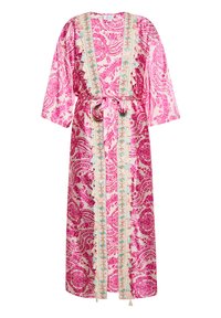 Lunga veste rosa a fantasia floreale, con maniche ampie, cintura con lacci e rifiniture decorative con perline lungo i bordi.