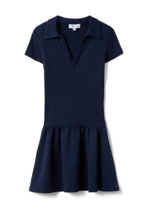 Marineblaue Polokleid mit kurzen Ärmeln, Kragen, geknöpfter Blende und gerafftem Rock in der Taille.
