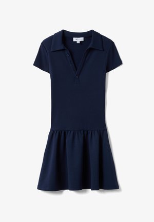 Marineblaue Polokleid mit kurzen Ärmeln, Kragen, geknöpfter Blende und gerafftem Rock in der Taille.