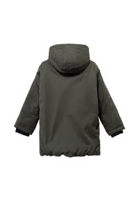 Donkergroene geïsoleerde winterjas met capuchon en elastische zoom, van achteren weergegeven op een witte achtergrond.