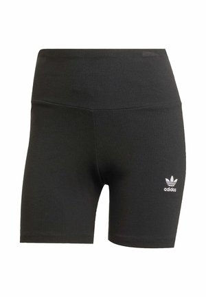 Zwarte geribde stoffen shorts met een hoge taille en een klein wit Adidas-logo op de linkerdij. Gladde textuur en een aansluitend ontwerp.
