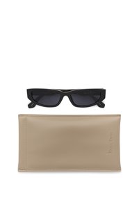 Black slim rectangular sunglasses with dark lenses above a beige soft case embossed with "Part Two" on a white background.