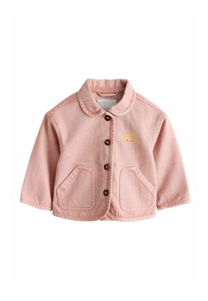 Pink toddler jacket with rounded collar, brown buttons down front, two front pockets, and a small yellow sun graphic on chest.