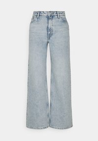 Ljusblå vida jeans med hög midja, tillverkade av denim. Har klassisk femficksdesign, knappknäppning och lätt blekning.