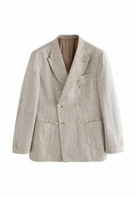Blazer doppiopetto a righe color marrone chiaro, con revers a lancia, due tasche frontali e bottoni in tonalità oro. Tessuto testurizzato.