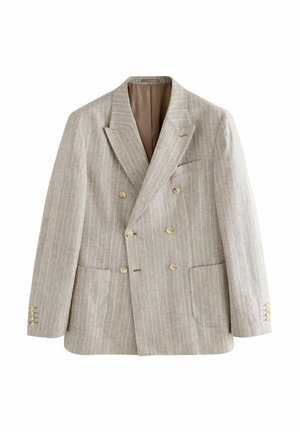 Light brown striped double-breasted blazer, features notched lapels, two front pockets, and gold-tone buttons. Textured fabric.