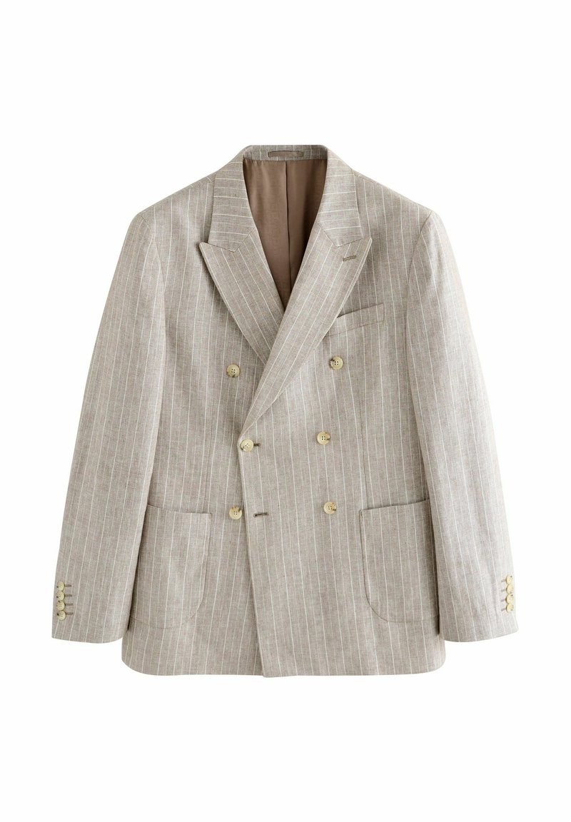 Blazer doppiopetto a righe color marrone chiaro, con revers a lancia, due tasche frontali e bottoni in tonalità oro. Tessuto testurizzato.