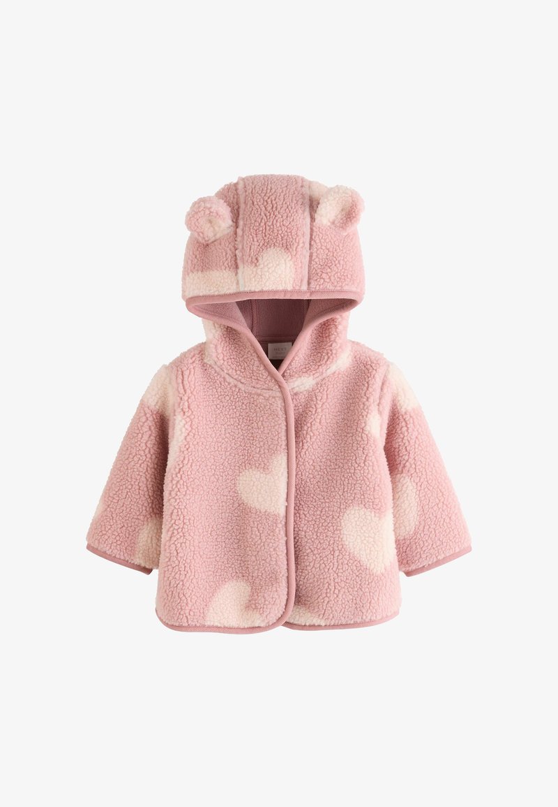 Weiche rosa Kleinkindjacke mit weißen Herzmustern und einer Kapuze mit kleinen Bärenohren, hergestellt aus flauschigem Sherpa-Stoff.