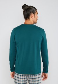 Teal langærmet skjorte lavet af blødt stof, med en klassisk rund hals. Båret med mønstrede ternede bukser, som viser bagsiden.