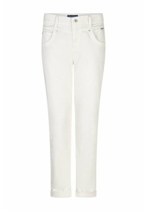 Witte slim-fit jeans met een omgevouwen zoom, een voorste knoopsluiting en ritssluiting, en twee voorzakken met klinknageldetails.