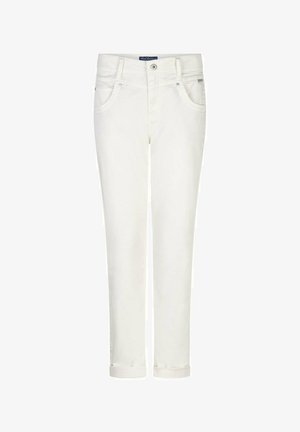 Witte slim-fit jeans met een omgevouwen zoom, een voorste knoopsluiting en ritssluiting, en twee voorzakken met klinknageldetails.