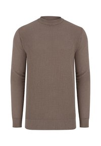 Brązowy, dziany sweter z długimi rękawami, okrągłym dekoltem, teksturowanym materiałem oraz ściągaczami na mankietach i dole. Prosty design bez widocznych wzorów.