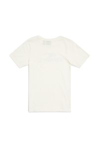 Camiseta de algodón blanca con cuello redondo y mangas cortas; presenta un logo sutil impreso en blanco en la parte posterior. Textura suave, corte estándar.