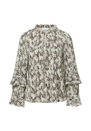 Lichte blouse met een slangprint in crème en donkerbruin. Kenmerkt zich door een gerimpelde halslijn en uitlopende mouwen. Ritsdetail aan de voorkant.