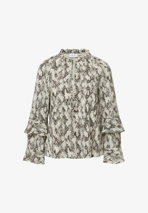 Lightweight blouse with a snake print pattern in cream and dark brown tones. Features a frilled neckline and flared sleeves. Zipper detail at front.
