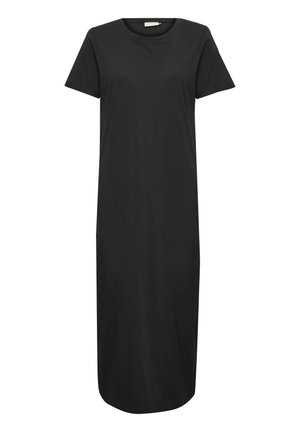 Robe midi noire à manches courtes avec encolure ronde, coupe droite et ourlet légèrement incurvé.